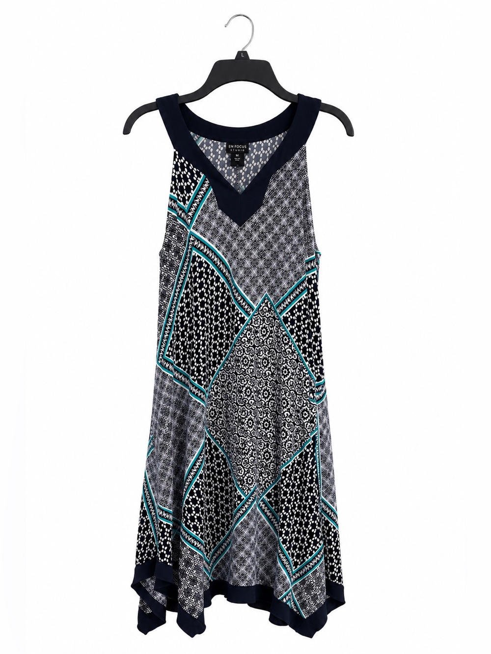 Enfocus Studio Sleeveless Shift Dress – Women’s Size 14 – Navy Patchwork Print